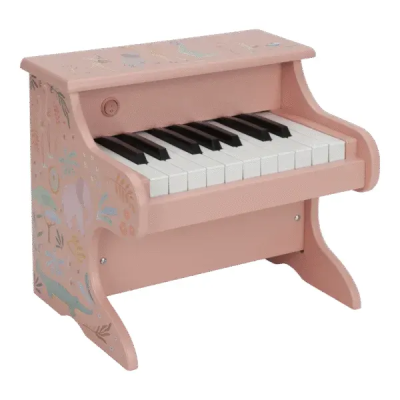 Piano infantil cor-de-rosa com teclas brancas e pretas e decoração colorida nas laterais e topo