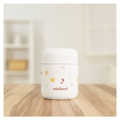 Recipiente branco decorado com folhas e frutas, marca miniland