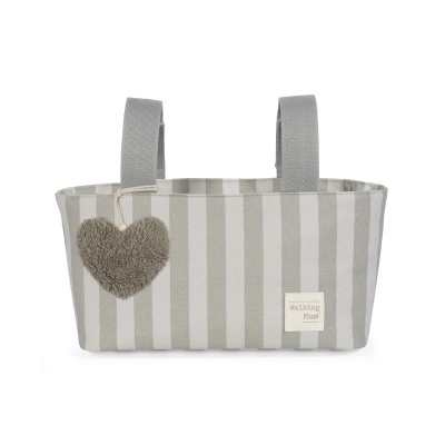 Organizador tecido riscas cinza e branco com alças e coração peludo