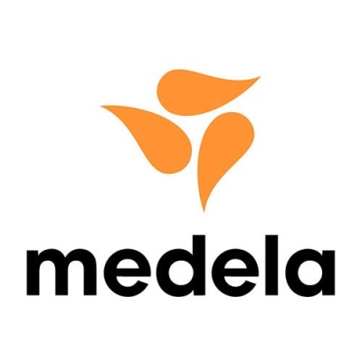 Logotipo da Medela com símbolo laranja e texto preto em fundo branco