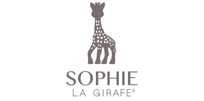 Logótipo Sophie La Girafe com girafa castanha e texto em fundo branco