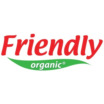 Logótipo Friendly Organic com texto vermelho e verde