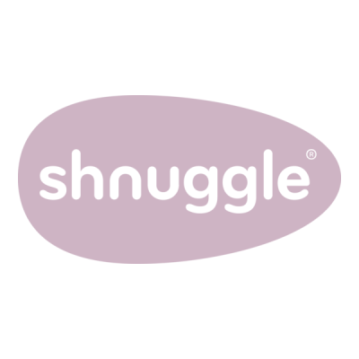Logótipo da marca Shnuggle em branco e fundo cor de rosa claro