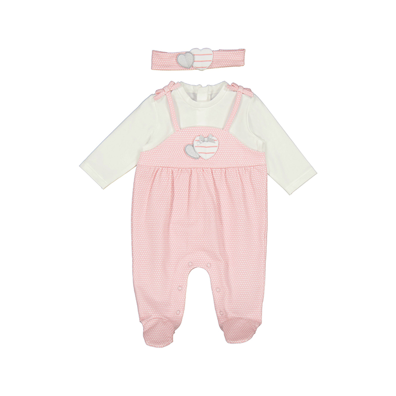 Conjunto de bebé rosa com padrão de pontos brancos, camisa branca de manga comprida e faixa para cabelo rosa com coração