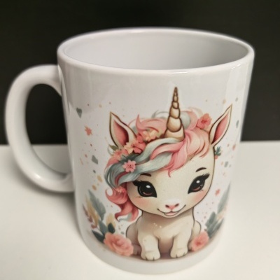 Caneca branca com ilustração de unicórnio fofo e colorido