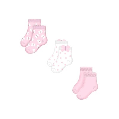 Três pares de meias de bebé rosa e branca com padrões e punhos decorados