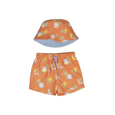 Conjunto infantil chapéu e calções de banho laranja com padrão colorido