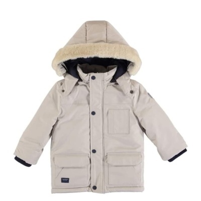 Casaco infantil bege com capuz e forro de pele sintética