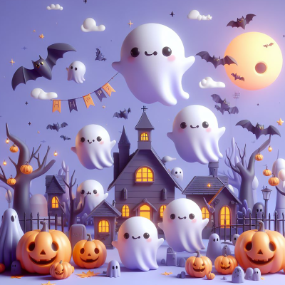 Ilustração digital de fantasmas, morcegos, abóboras e casa assombrada durante Halloween