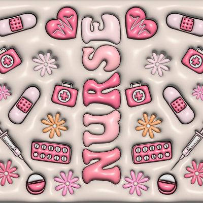 Ilustração com elementos médicos e a palavra NURSE em destaque