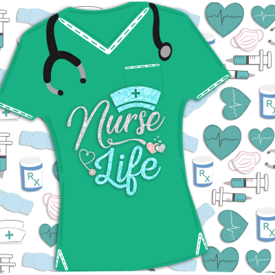 Camisola verde com texto Nurse Life e ícones médicos no fundo