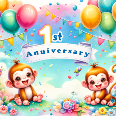 Decoração de festa com balões, duas macacas sorridentes, presentes e texto '1st Anniversary'