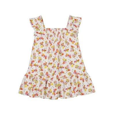 Vestido infantil branco com estampa de frutas coloridas e babados nas alças
