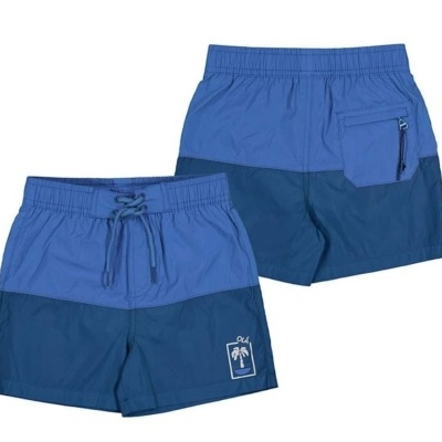 Calções de banho bicolor azul com bolso traseiro e cordão ajustável