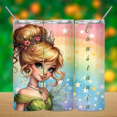 Dois copos térmicos coloridos com desenho de fada e texto CONSTANTINA