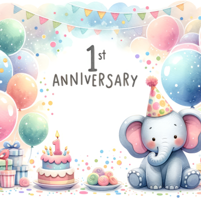 Ilustração de festa com balões, bolo, presentes e elefante para 1º aniversário