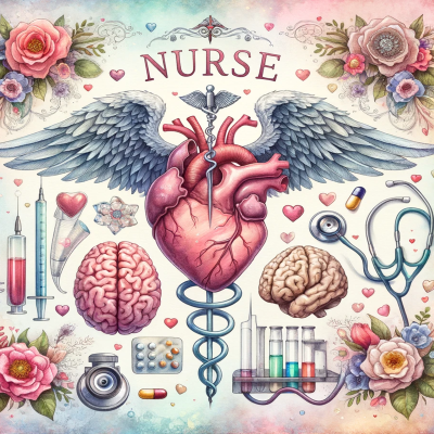 Ilustração de coração alado, símbolos médicos e flores coloridas