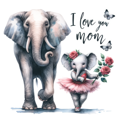 Ilustração de elefantes com texto I love you mom