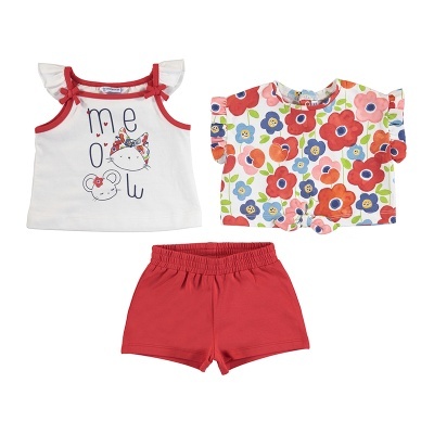 Conjunto de roupa para bebé com camisola branca 'meow', camisa floral colorida e calças curtas vermelhas