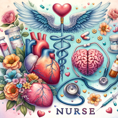 Ilustração colorida com motivos de saúde e enfermagem com palavra 'NURSE'