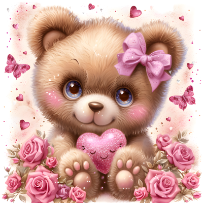 urso de pelúcia castanho com fita e coração rosa entre flores e borboletas