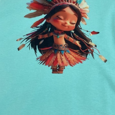 T-shirt azul clara com personagem animada colorida e tribal