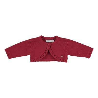 Bolero para bebé vermelho escuro em malha com botão e acabamento scallop