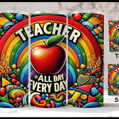 Copo térmico colorido com texto TEACHER ALL DAY EVERY DAY e design de maçã e arco-íris