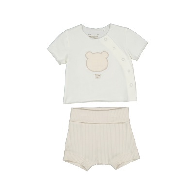 Conjunto de bebé com camisola branca e calções bege de malha canelada