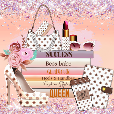 Conjunto feminino com sapato, bolsa, carteira, batom e livros sobre fundo rosa brilhante