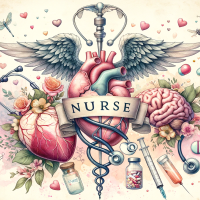 Ilustração médica colorida com coração anatómico, cérebro, instrumentos médicos e flores