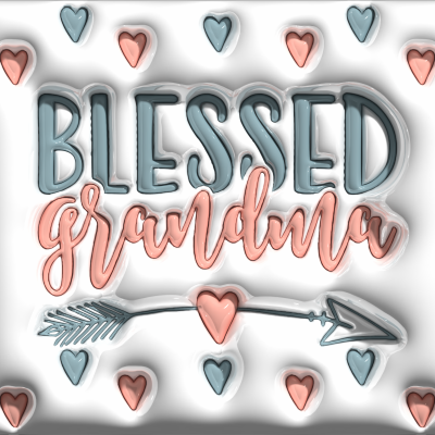 Texto 'BLESSED grandma' com corações azuis e cor de rosa e uma flecha decorativa