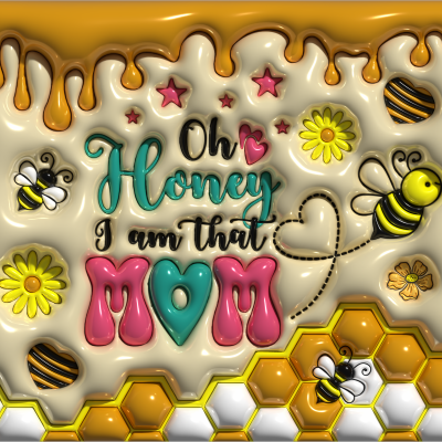 Textos e desenhos coloridos com abelhas, flores e favos de mel com textura brilhante e relevo