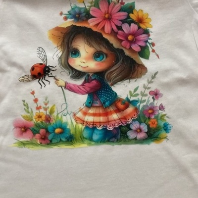 Camisola branca com estampa de menina com chapéu de flores e joaninha