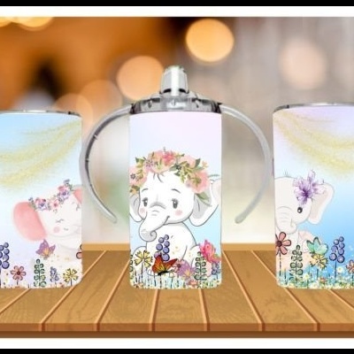 Três caixas com ilustrações de elefantes e flores em fundo colorido