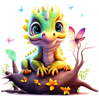 Dragão colorido 3D sentado num tronco com folhas, flores e borboletas