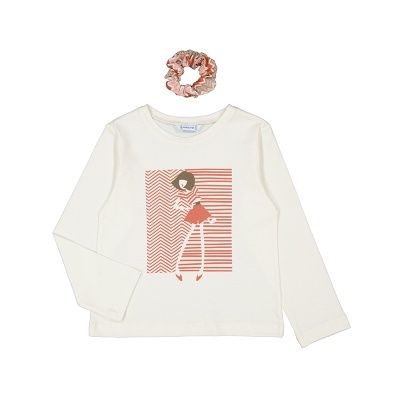 Camisola branca de manga comprida com estampa e elástico de cabelo floral