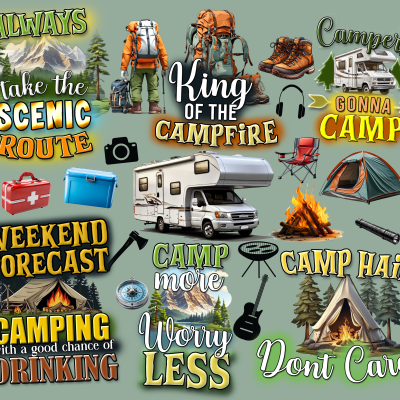 Elementos coloridos de campismo com mochilas, botas, caravana, tenda, fogueira e textos em inglês.