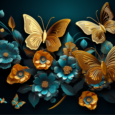 Borboletas douradas e flores azuis e laranjas em fundo escuro