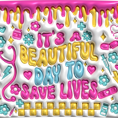 Balões coloridos com texto inspirador sobre salvar vidas e ícones médicos em fundo branco com líquido rosa no topo