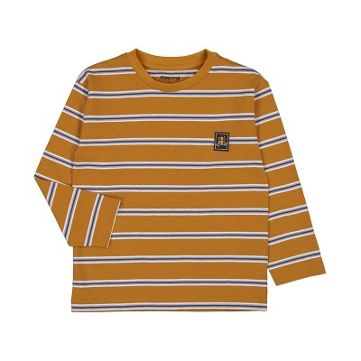 Camisola infantil laranja riscada com emblema no peito