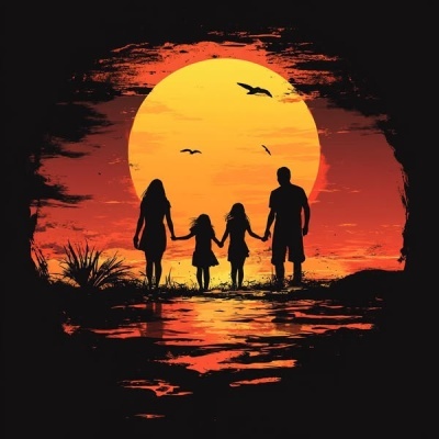 Silhuetas de família em pôr do sol com grandes cores laranja e amarelo