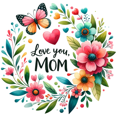 Ilustração colorida de flores, borboleta e texto 'Love you, MOM'.
