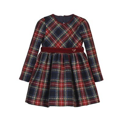 Vestido infantil xadrez com cinto vermelho e detalhe dourado