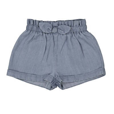 Calções de criança azuis com cintura franzida e laço