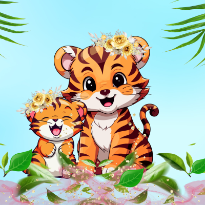 Ilustração de dois tigres pequenos com coroas de flores amarelas e folhas verdes num fundo azul claro com folhas de palmeira