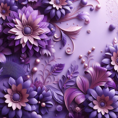 Flores e folhas decorativas em tons de roxo e lilás
