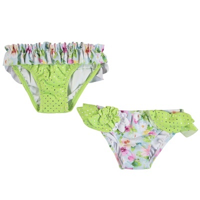 Duas calcinhas de banho infantis coloridas com padrões florais e detalhes em verde e branca
