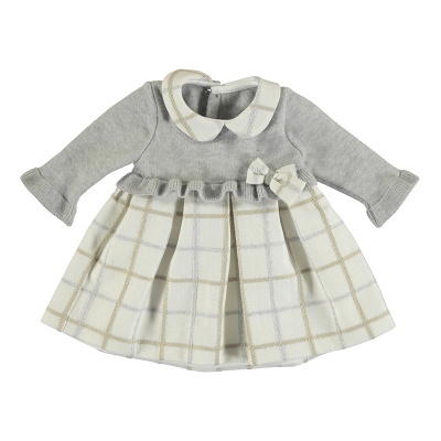 Vestido bebé cinza com saia de riscas bege e cinza