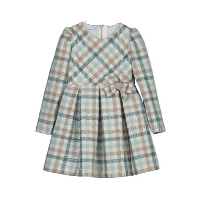 Vestido infantil de manga comprida xadrez verde, bege e branco com laço na cintura.